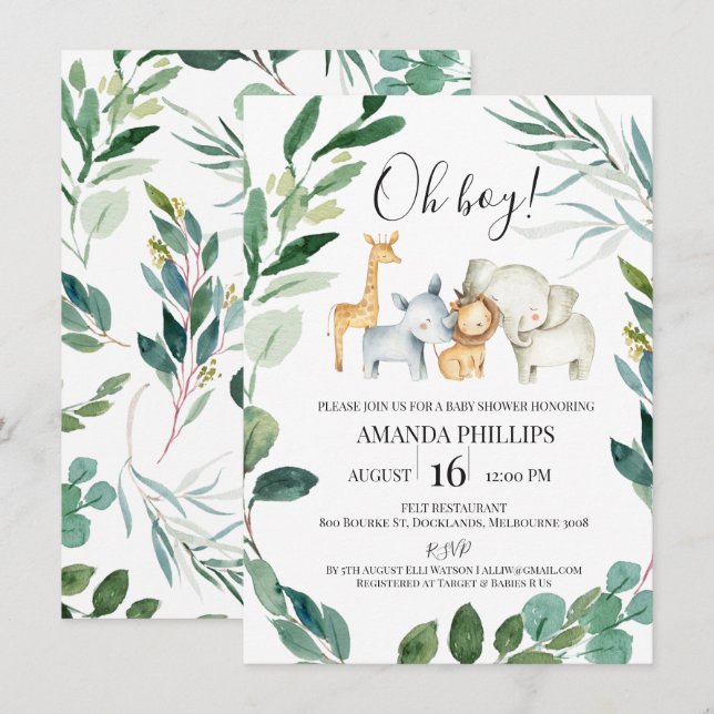 Wild Safari Animals Wreath Baby Shower Invitation (Front/Back)
