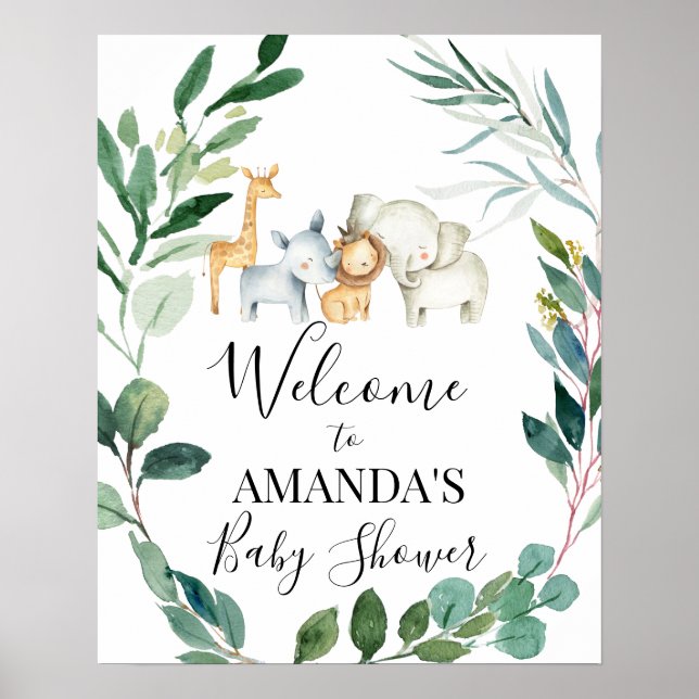 Wild Safari Foliage Wreath Baby Shower Welcome Poster (Front)