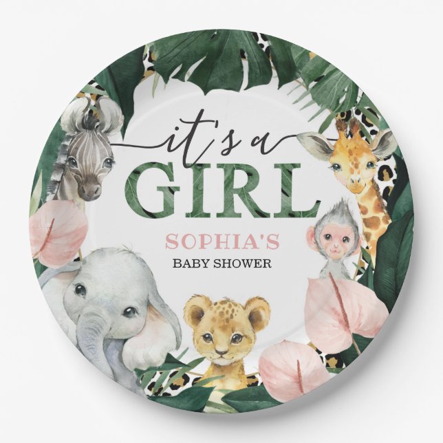 Wild Safari It's A Girl Baby Shower Paper Plates (Front)