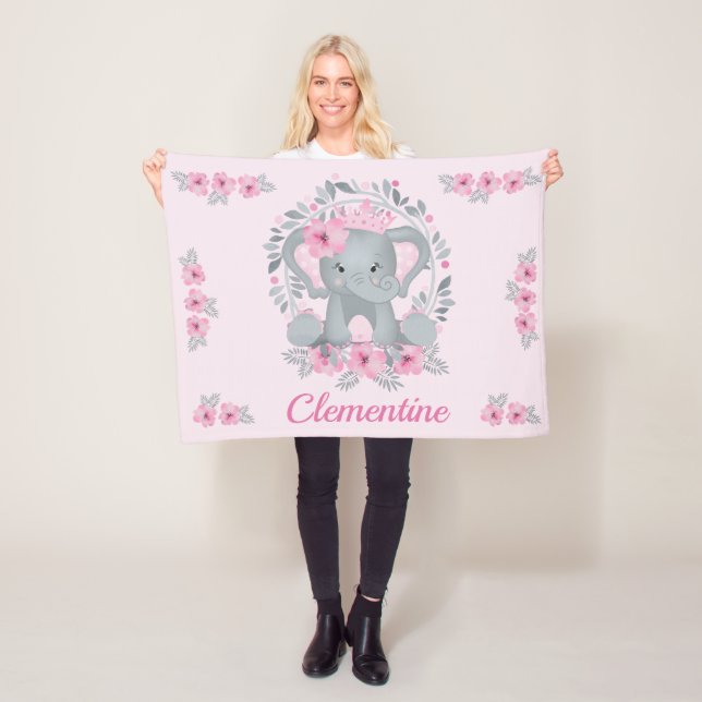 Wild Safari Pink Floral Baby Elephant Baby Nursery Fleece Blanket (In Situ)