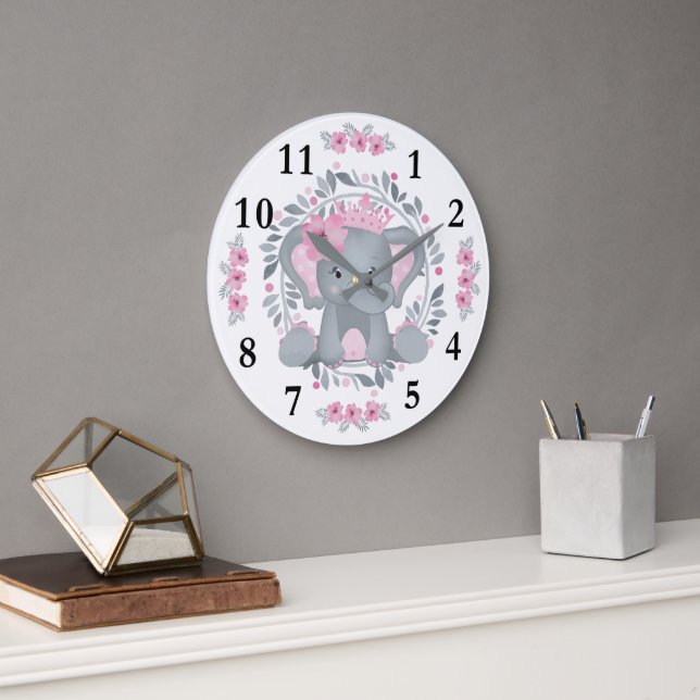 Wild Safari Pink Floral Baby Elephant Baby Nursery Large Clock (Office)