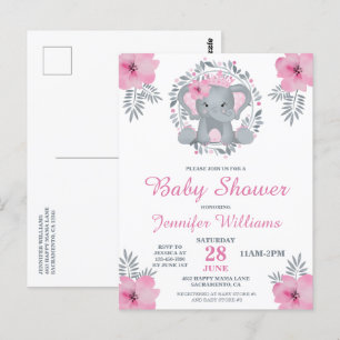 Wild Safari Pink Floral Elephant Baby Shower Invit Postcard