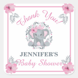 Wild Safari Pink Floral Elephant Baby Shower Square Sticker