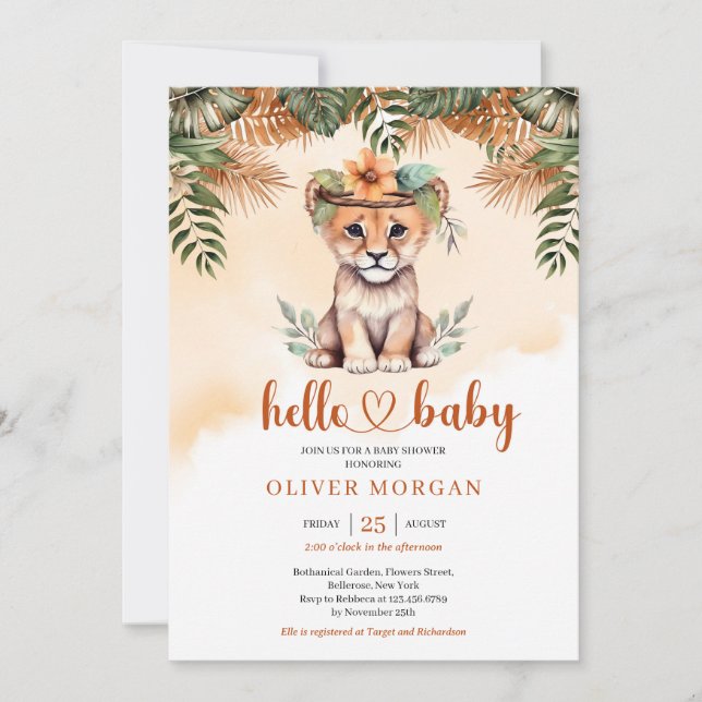 Wild safari terracotta dried palm cute baby lion invitation (Front)