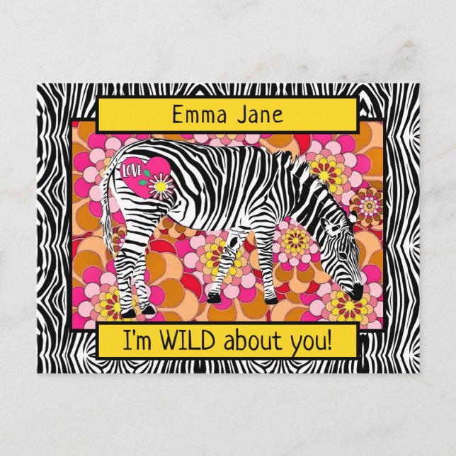 Wild Safari Zebra Hippie Valentine's Day Postcard (Front)