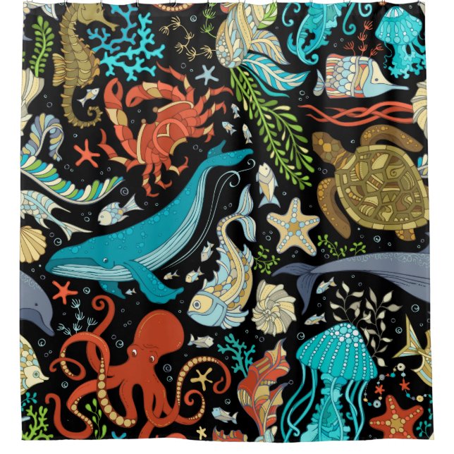 Wild sea life: colourful vintage. shower curtain (Front)