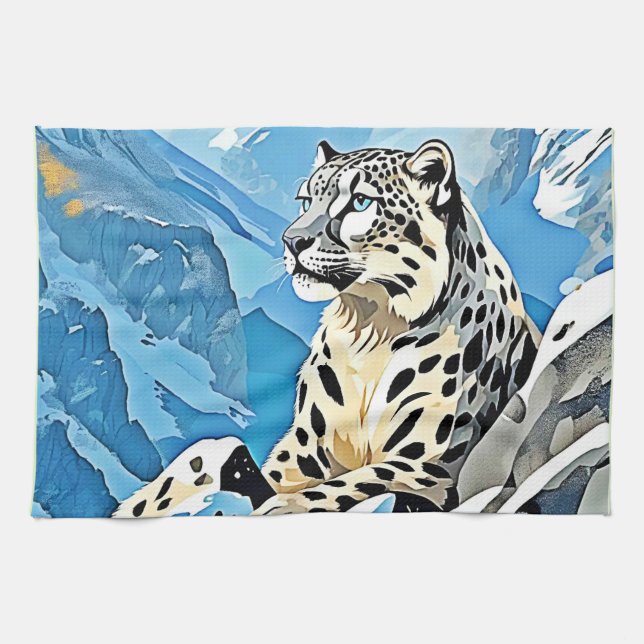 Wild Snow Leopard Design Tea Towel (Horizontal)