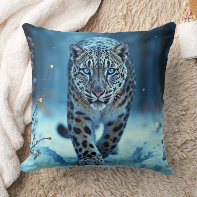 Wild snow leopard walking frost enchanted forest cushion (Blanket)