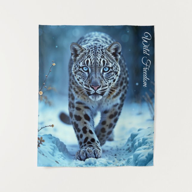 Wild snow leopard walking frost enchanted forest tapestry (Front)