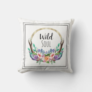 "WILD SOUL" Gold frame Nature Antler Wreath Boho Cushion