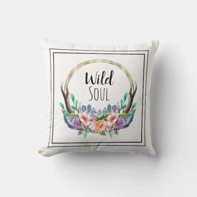 "WILD SOUL" Gold frame Nature Antler Wreath Boho Cushion (Front)