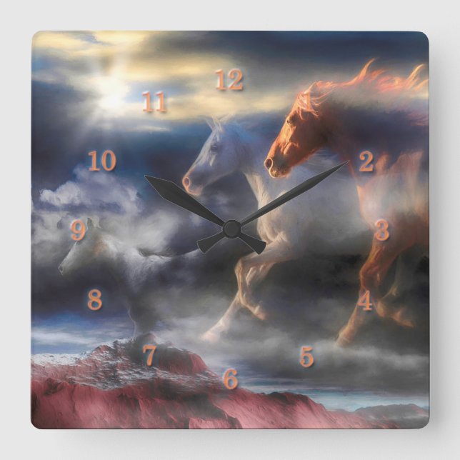 Wild Spirit Horses  RUN TILL TOMORROW Square Wall  Square Wall Clock (Front)