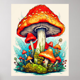 Wild Sprouting Forest Mushrooms Poster