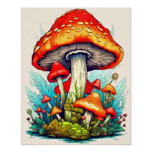 Wild Sprouting Forest Mushrooms Poster