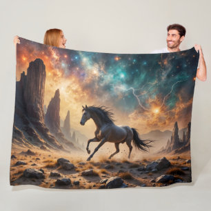 Wild Stallion in Desert Nebula stars lightning Fleece Blanket