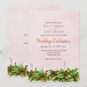 Wild strawberries meadow flowers blush wedding invitation