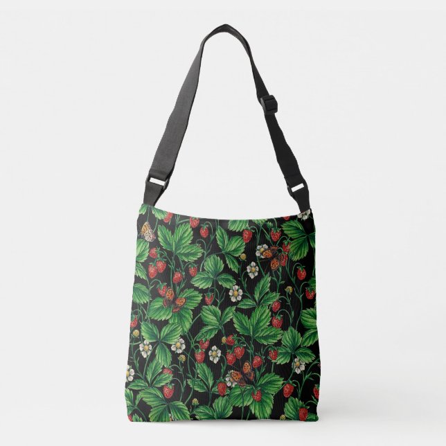 Wild strawberries on black crossbody bag (Front)