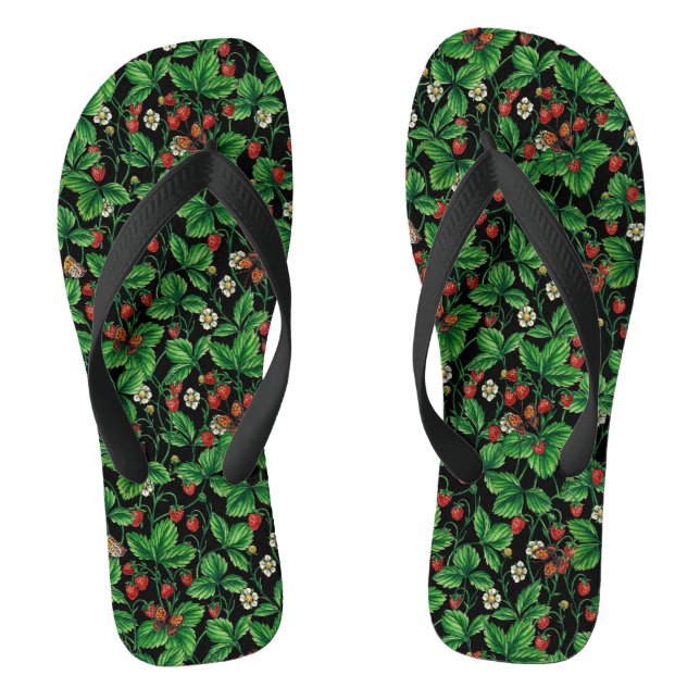 Wild strawberries on black flip flops (Footbed)