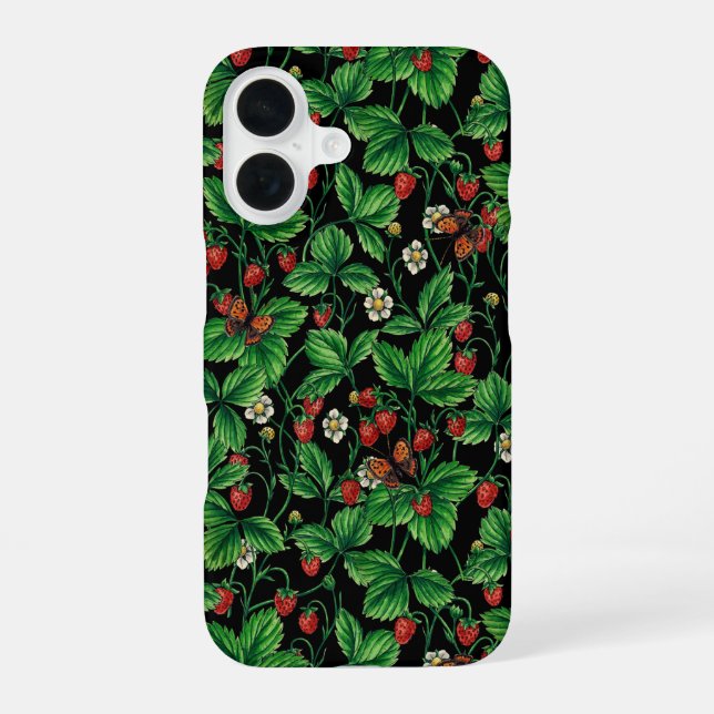 Wild strawberries on black iPhone 16 case (Back)