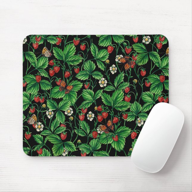 Wild strawberries on black mouse mat (With Mouse)