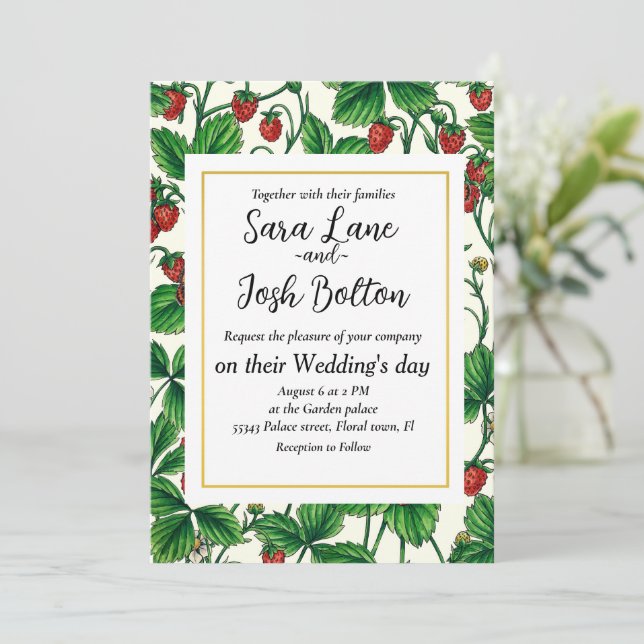 Wild strawberries on off white invitation (Standing Front)
