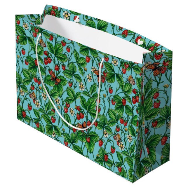 Wild strawberries on pool blue large gift bag (Back Angled)