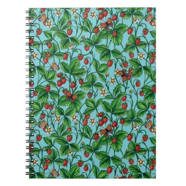 Wild strawberries on pool blue notebook (Front)