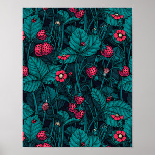 Wild strawberries, red and blue poster
