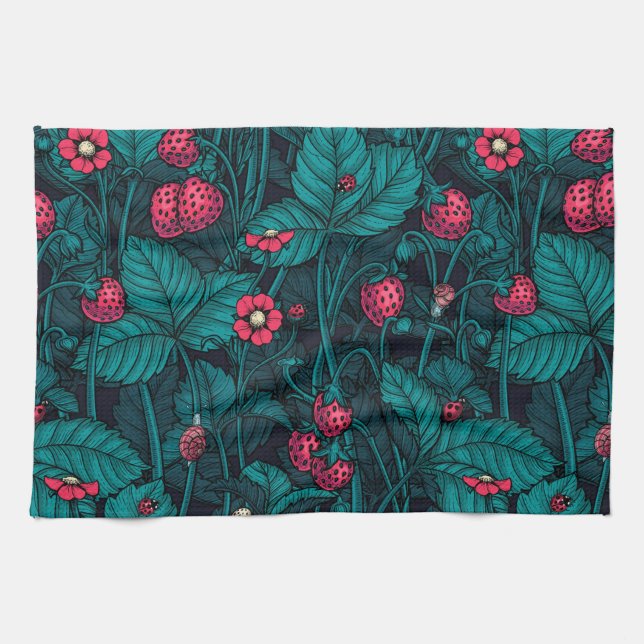 Wild strawberries, red and blue tea towel (Horizontal)