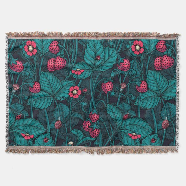 Wild strawberries, red and blue throw blanket (Front)