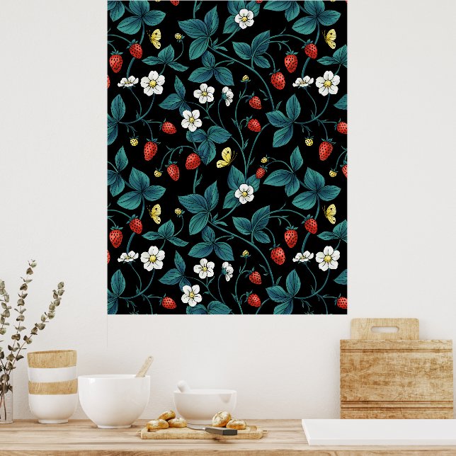 Wild strawberries red/yellow/blue/black poster (Kitchen)