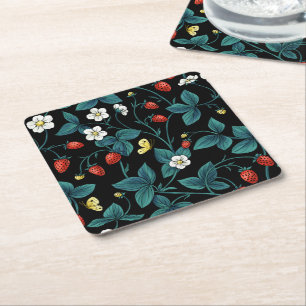 Wild strawberries red/yellow/blue/black square paper coaster