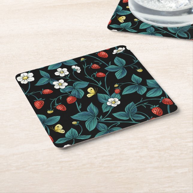 Wild strawberries red/yellow/blue/black square paper coaster (Angled)