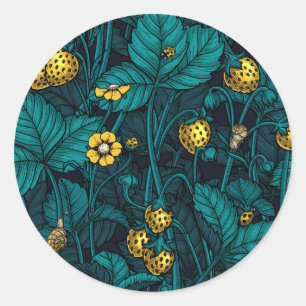 Wild strawberries, yellow and blue classic round sticker