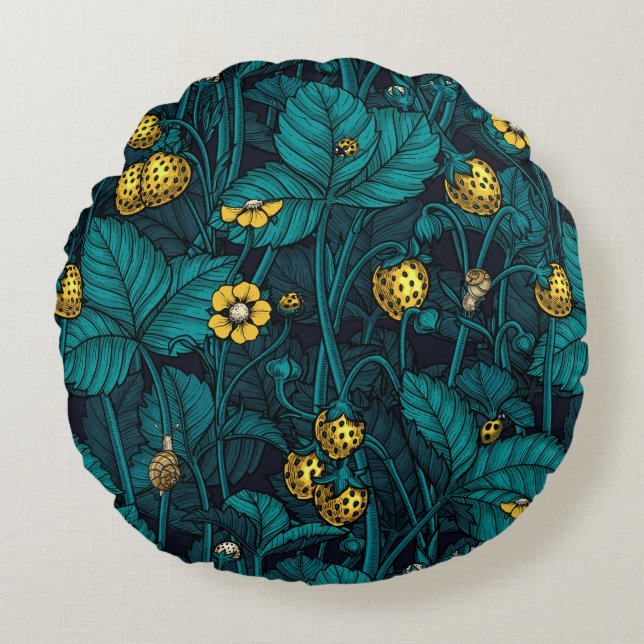 Wild strawberries, yellow and blue round cushion (Front)