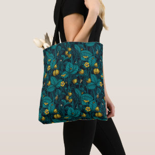 Wild strawberries, yellow and blue tote bag