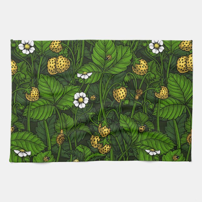 Wild strawberries, yellow and green tea towel (Horizontal)