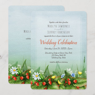 Wild strawberry meadow blue sky nature wedding invitation