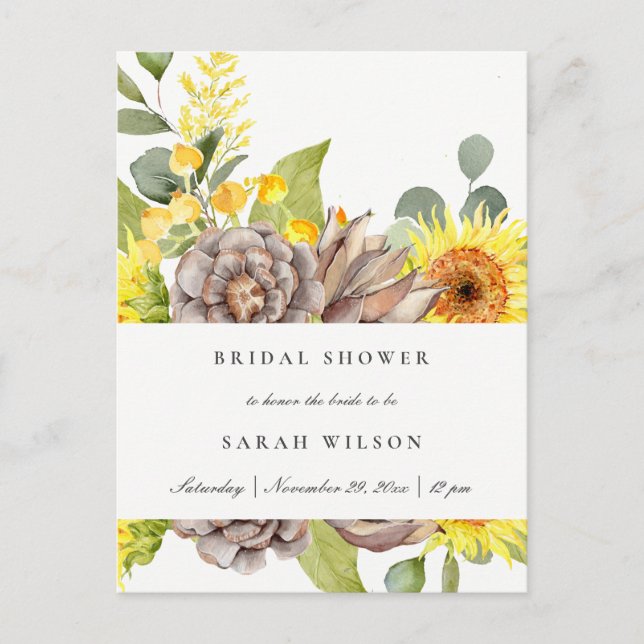 WILD SUNFLOWER EUCALYPTUS PINE FLORA BRIDAL SHOWER INVITATION POSTCARD (Front)