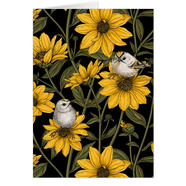 Wild sunflowers and goldcrest birds/ yellow  (Front)