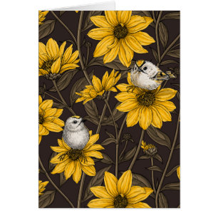 Wild sunflowers and goldcrest birds/ yellow 