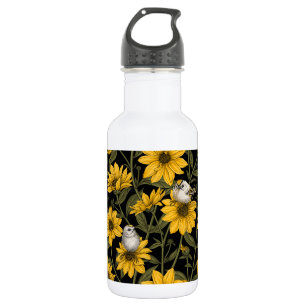 Wild sunflowers and goldcrest birds/ yellow 532 ml water bottle