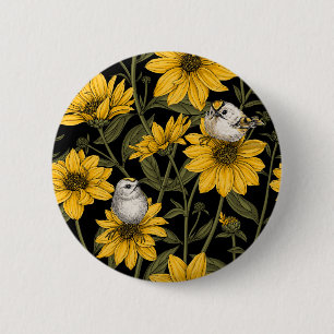 Wild sunflowers and goldcrest birds/ yellow 6 cm round badge