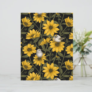 Wild sunflowers and goldcrest birds/ yellow and gr