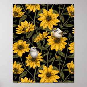 Wild sunflowers and goldcrest birds/ yellow and gr poster