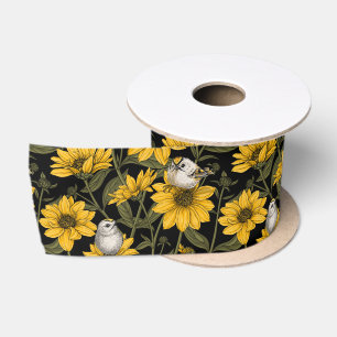 Wild sunflowers and goldcrest birds/ yellow and gr satin ribbon