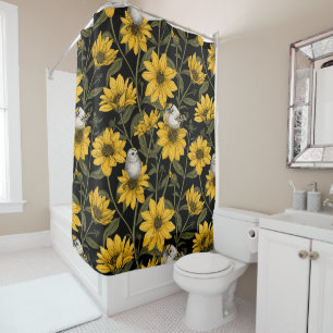 Wild sunflowers and goldcrest birds/ yellow and gr shower curtain