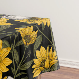 Wild sunflowers and goldcrest birds/ yellow and gr tablecloth