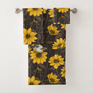 Wild sunflowers and goldcrest birds/ yellow  bath towel set