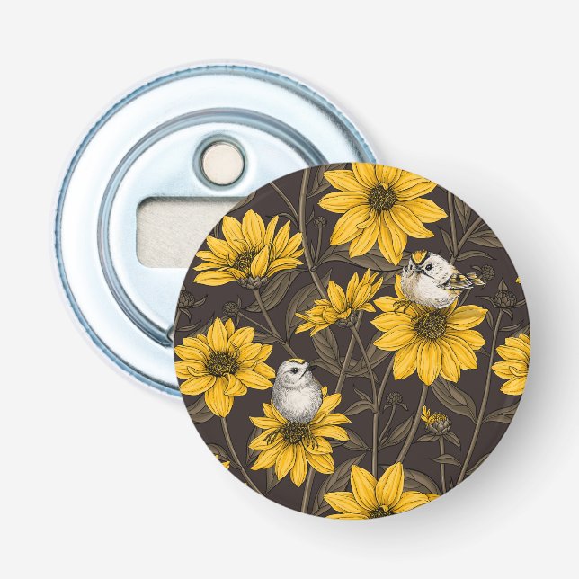 Wild sunflowers and goldcrest birds/ yellow  bottle opener (Front)